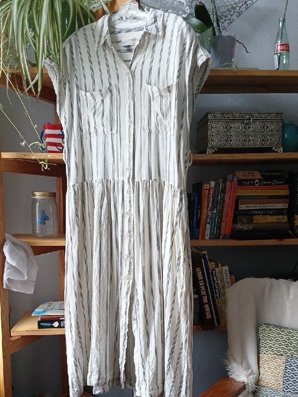 Universal Thread Cream Maxi Shirt Dress with Blue Stripes